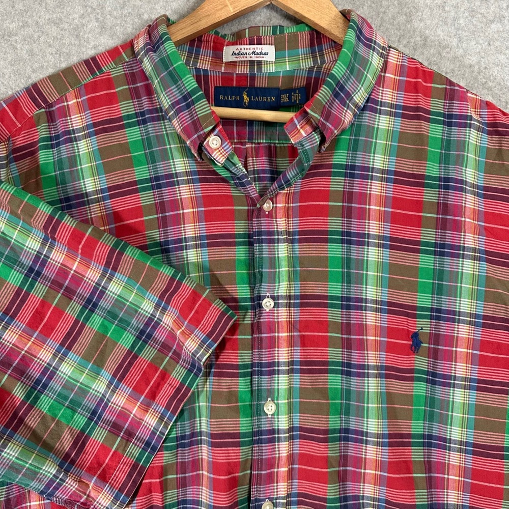 Ralph Lauren Shirt Mens 2XLT Multicolor Plaid Madras Button Down Short Sleeve